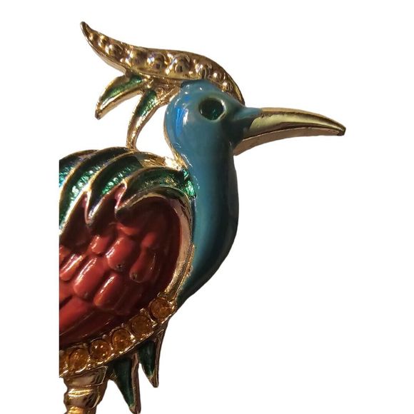Vintage Blue Peach Enamel & Rhinestone Tall BIRD Brooch Pin - Picture 5 of 6
